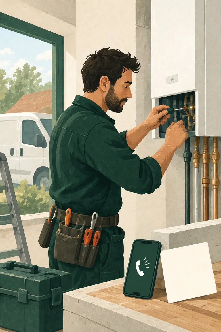Installateur werkt aan een cv-ketel, met zijn bus buiten voor de deur